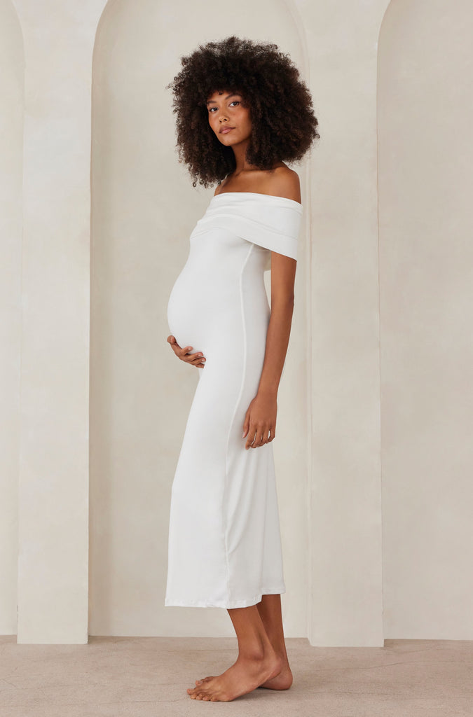The Bianca Off Shoulder Maternity Dress in Ivory