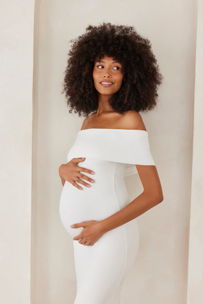 The Bianca Off Shoulder Maternity Dress in Ivory