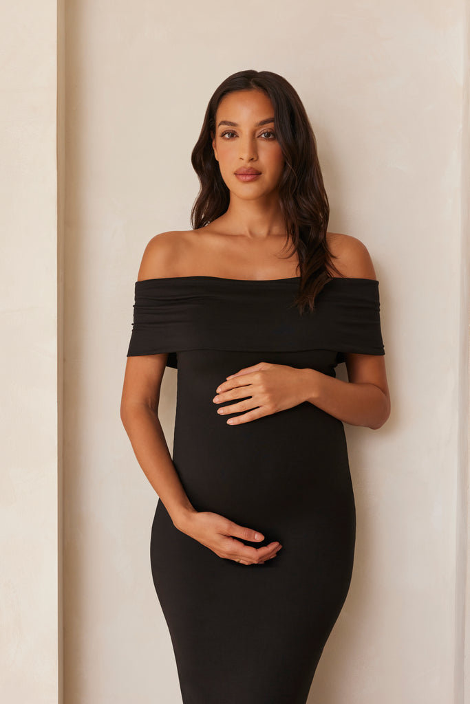The Bianca Off Shoulder Maternity Dress in Black