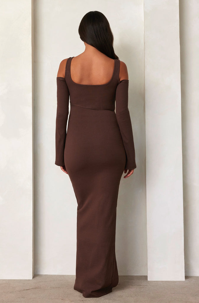 The Long Sleeve Cut Out Maxi Rib Dress in Brown