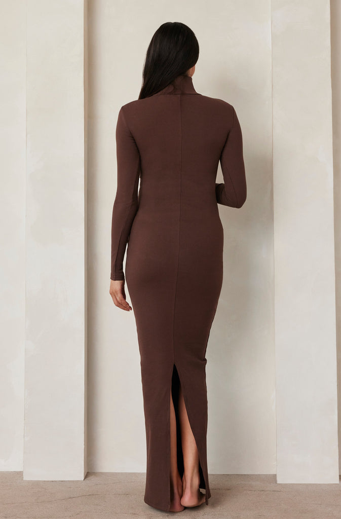 The Long Sleeve Maxi Rib Dress in Brown