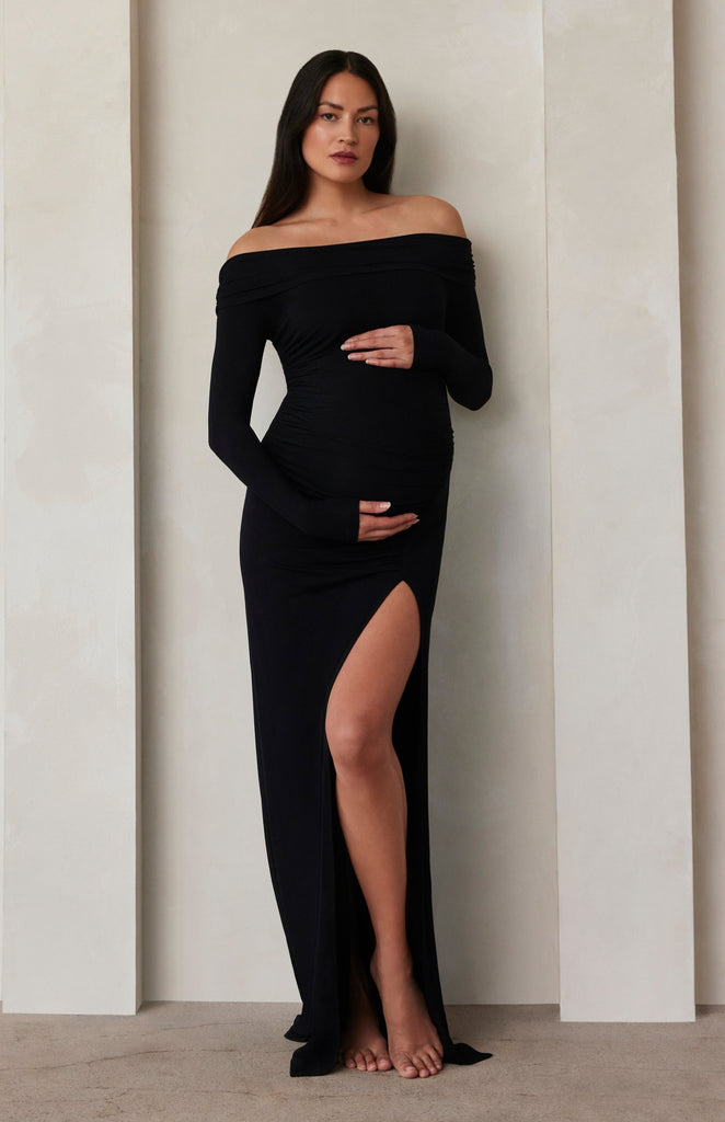 Off The Shoulder Evening Maternity Dress in Black