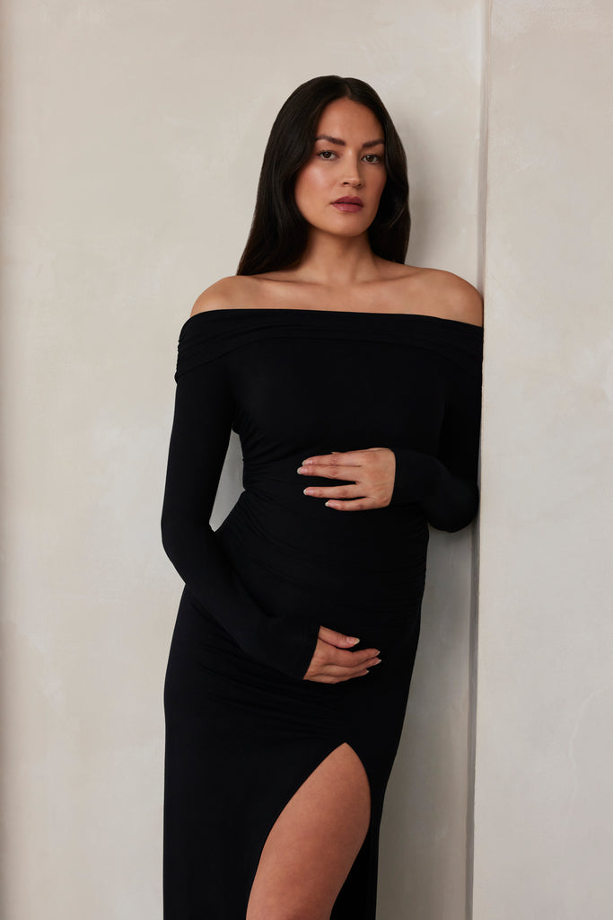 Off The Shoulder Evening Maternity Dress in Black