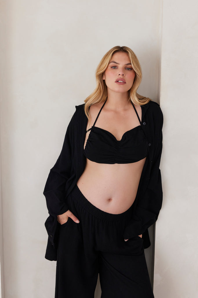 Bumpsuit Maternity Ruched Linen Crop Top in Black