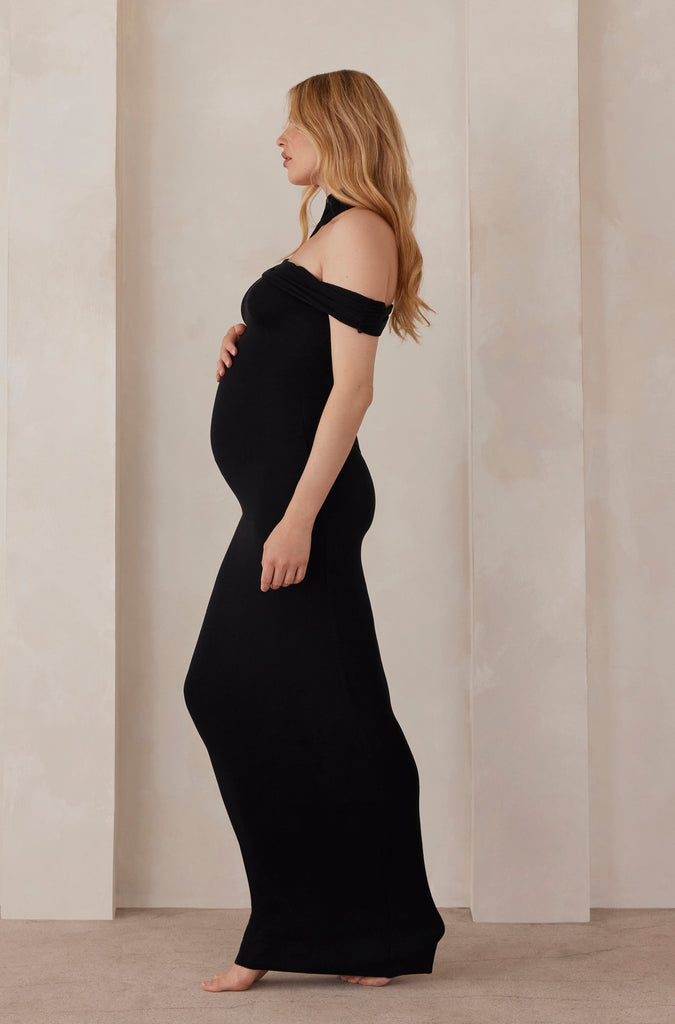 Bumpsuit Maternity Soft Rib Maxi Cross over evening dress in black