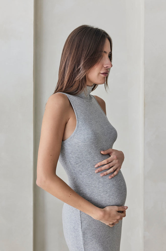 Bumpsuit Maternity Soft Rib Turtleneck Sleeveless Dress in Heather Grey