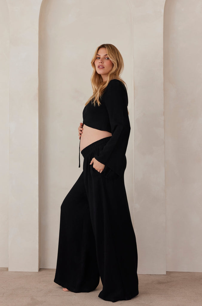 Bumpsuit Maternity Relaxed Linen Pant with elastic waistband in black