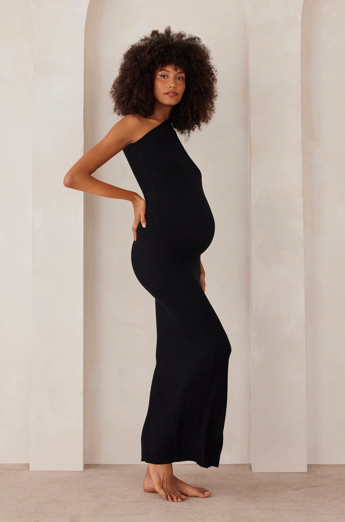 Bumpsuit maternity soft rib maxi one shoulder dress in black
