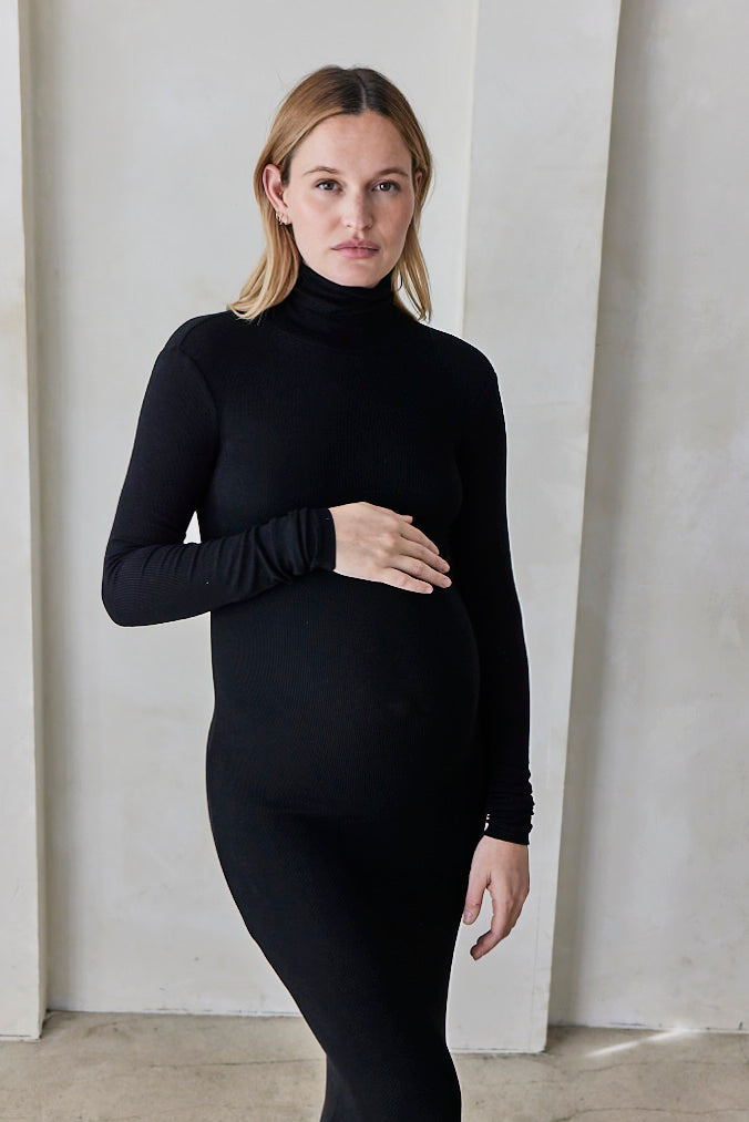 Bumpsuit Maternity Soft Rib Turtleneck Long Sleeve Maxi Dress in Black