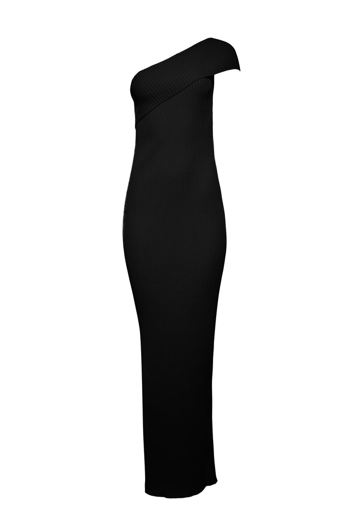 Cozy Knit One Shoulder Dress in Black