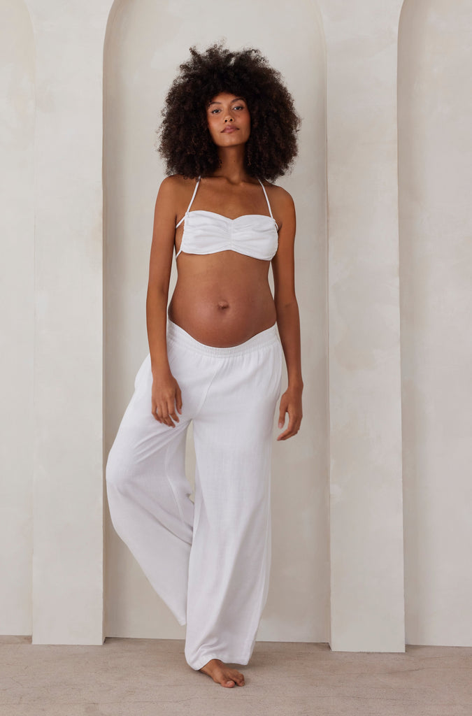 Ruched Linen Crop Top in White