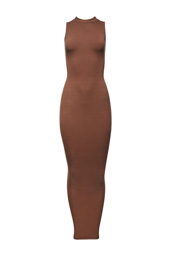 The Sculpting Rib Mock Neck Maxi Dress in Brown