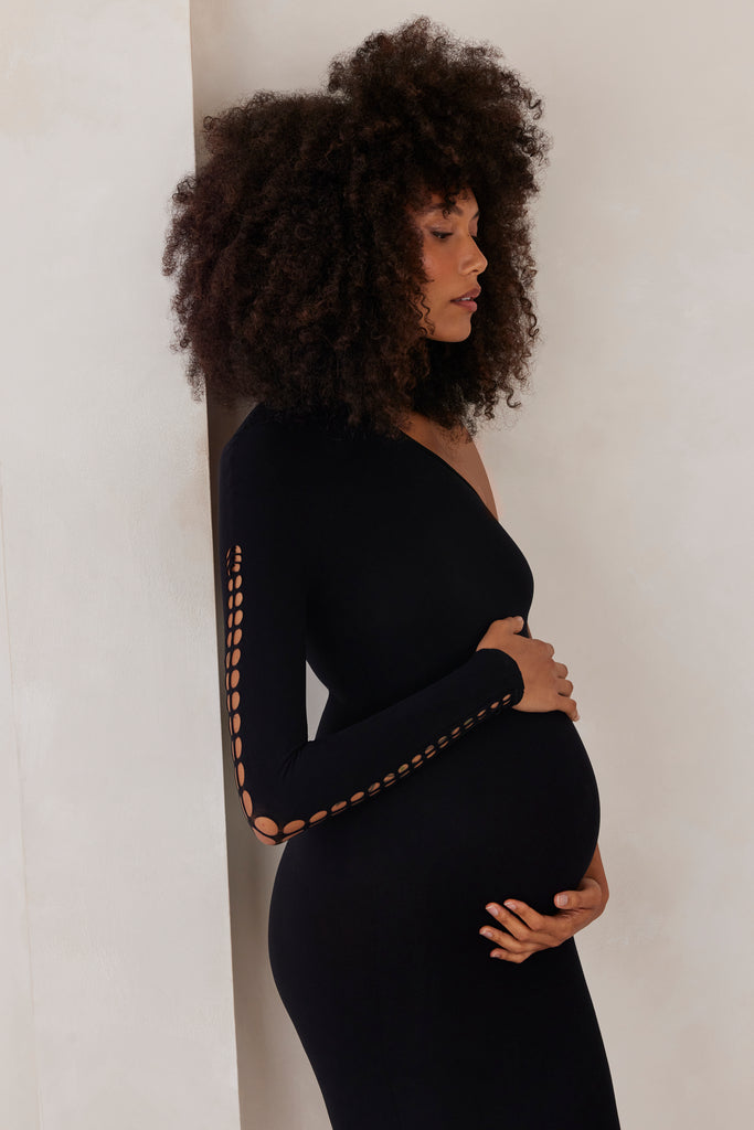Black Silhouettes One Shoulder Cut Out Maternity Dress