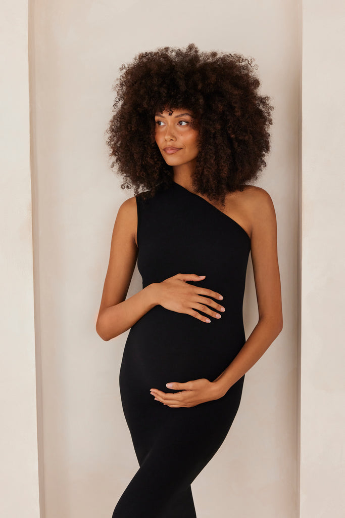 Black Silhouettes One Shoulder Maternity Dress