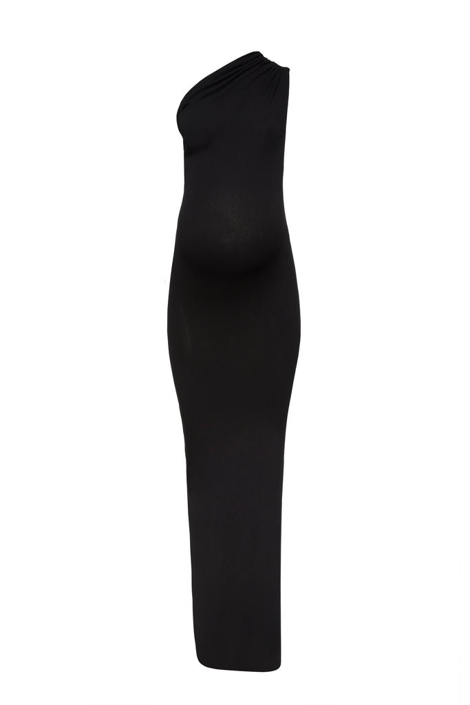 Soft Rib Maxi One Shoulder Maternity Dress in Black