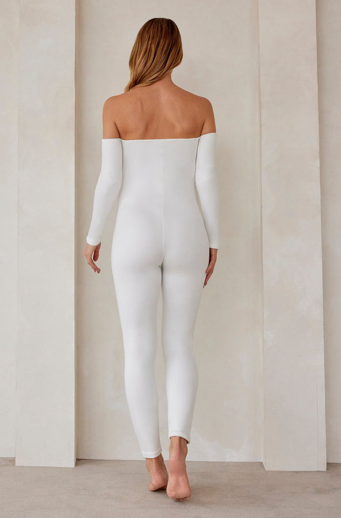The Bella Off The Shoulder Bumpsuit in Ivory