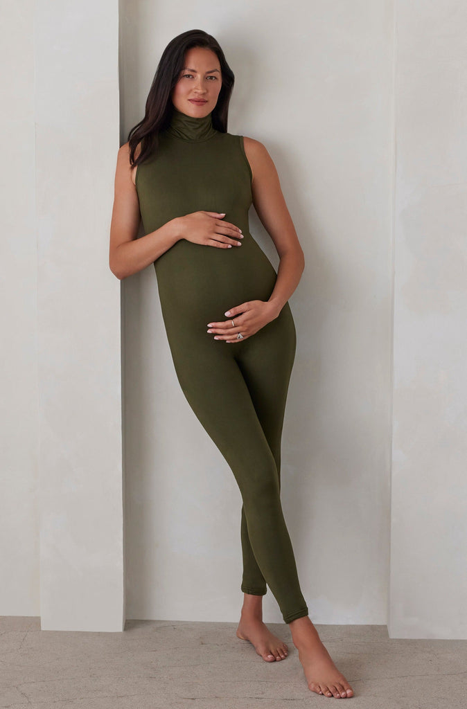 bumpsuit maternity the stevie turtleneck sleeveless jumpsuit in olive