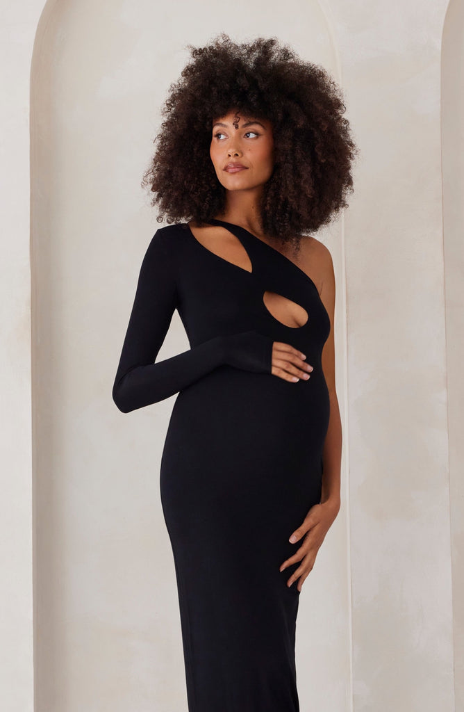 Bumpsuit Maternity Asymmetrical Cut Out Evening Dress in Black