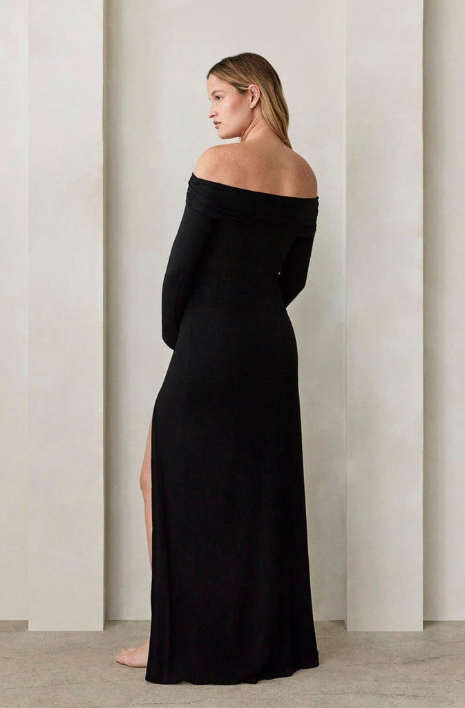 Bumpsuit Maternity Off The Shoulder Long Sleeve Evening Dress with Side Slit in Black