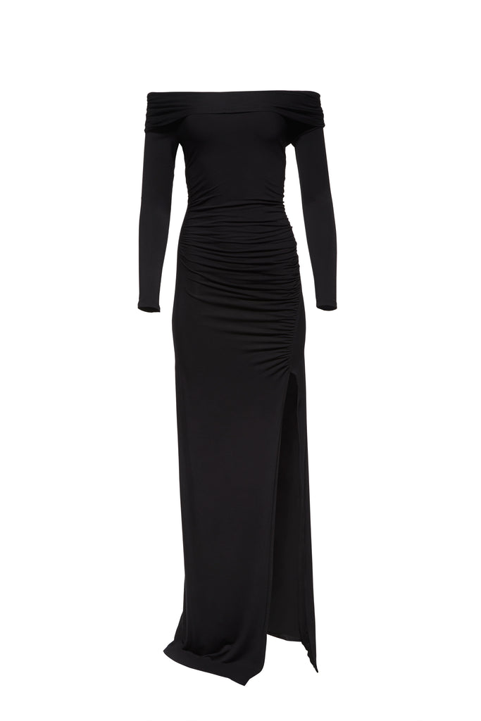 Bumpsuit Maternity Off The Shoulder Long Sleeve Evening Dress with Side Slit in Black