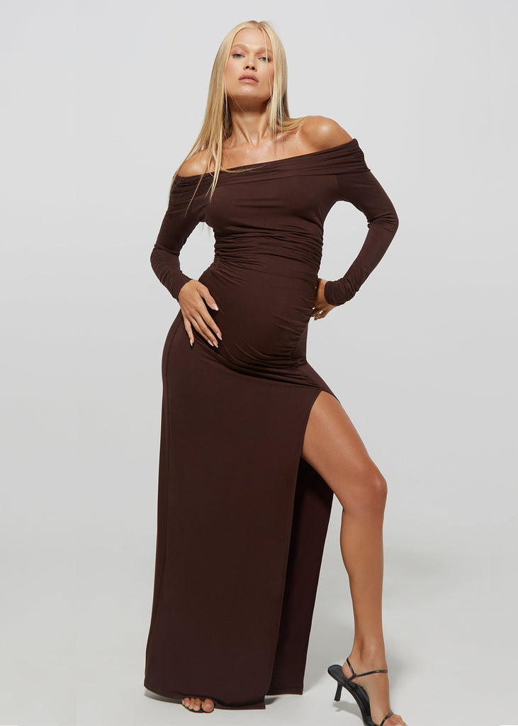 Bumpsuit Maternity Off The Shoulder Long Sleeve Evening Dress with Side Slit in Chocolate