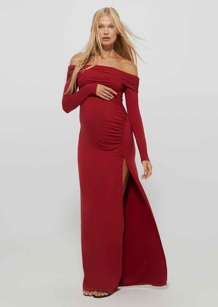 Bumpsuit Maternity Off The Shoulder Long Sleeve Evening Dress with Side Slit in Red