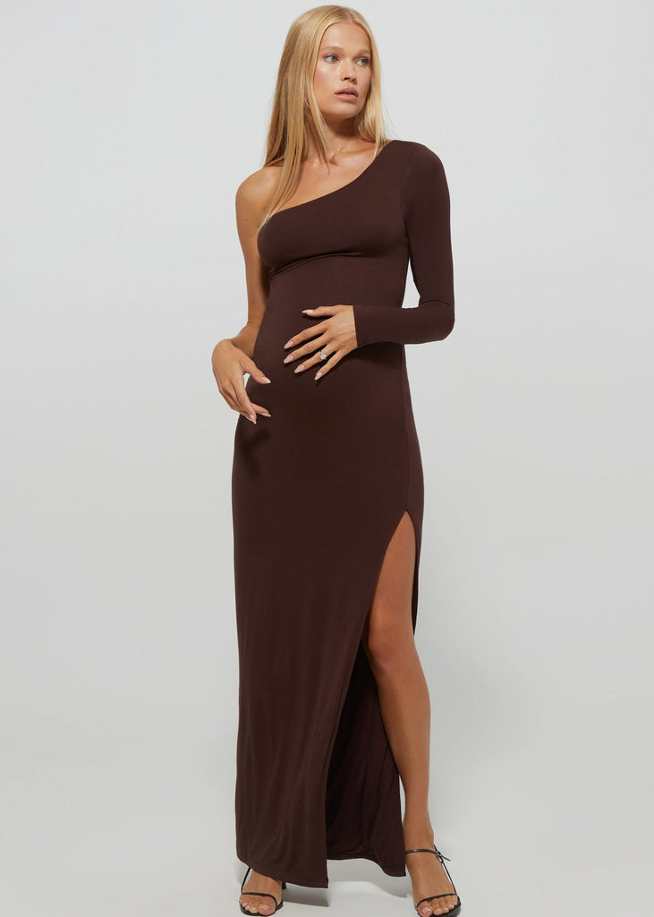 Bumpsuit Maternity The One Shoulder Evening Dress with side slit in chocolate