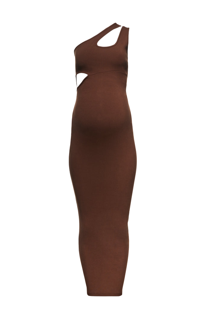 Bumpsuit Maternity Sculpting Rib Cut Out Maxi Dress in Brown