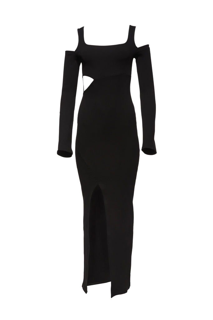 Bumpsuit maternity sculpting rib long sleeve cut out maxi dress in black