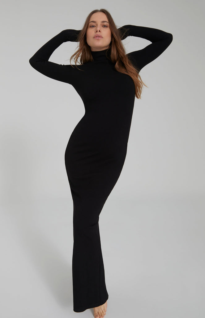 Bumpsuit maternity sculpting rib long sleeve turtleneck maxi dress in black