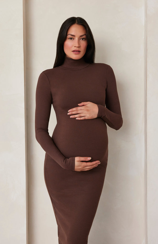 Bumpsuit maternity sculpting rib long sleeve turtleneck maxi dress in brown