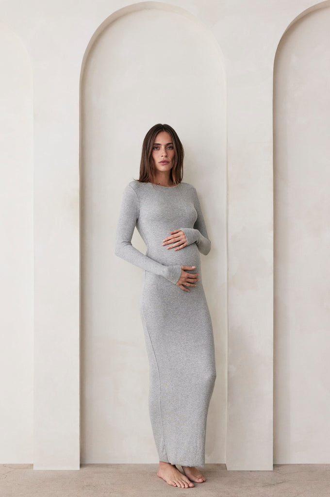 Bumpsuit maternity soft rib maxi long sleeve dress in heather grey