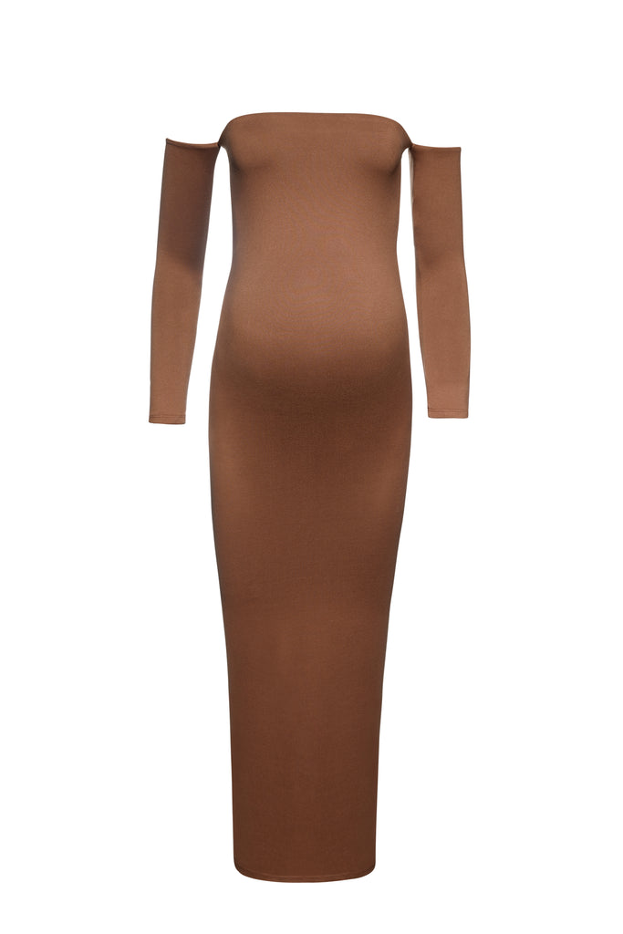 Bumpsuit Maternity The Angelina Off The Shoulder Maxi Dress in Mocha