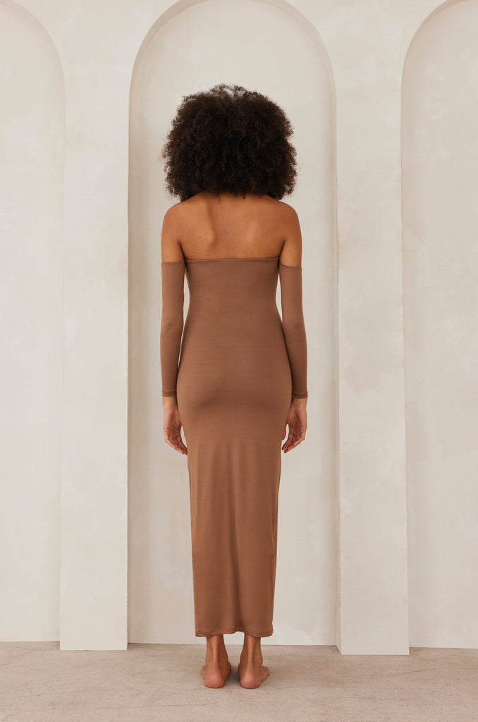 Bumpsuit Maternity The Angelina Off The Shoulder Maxi Dress in Mocha