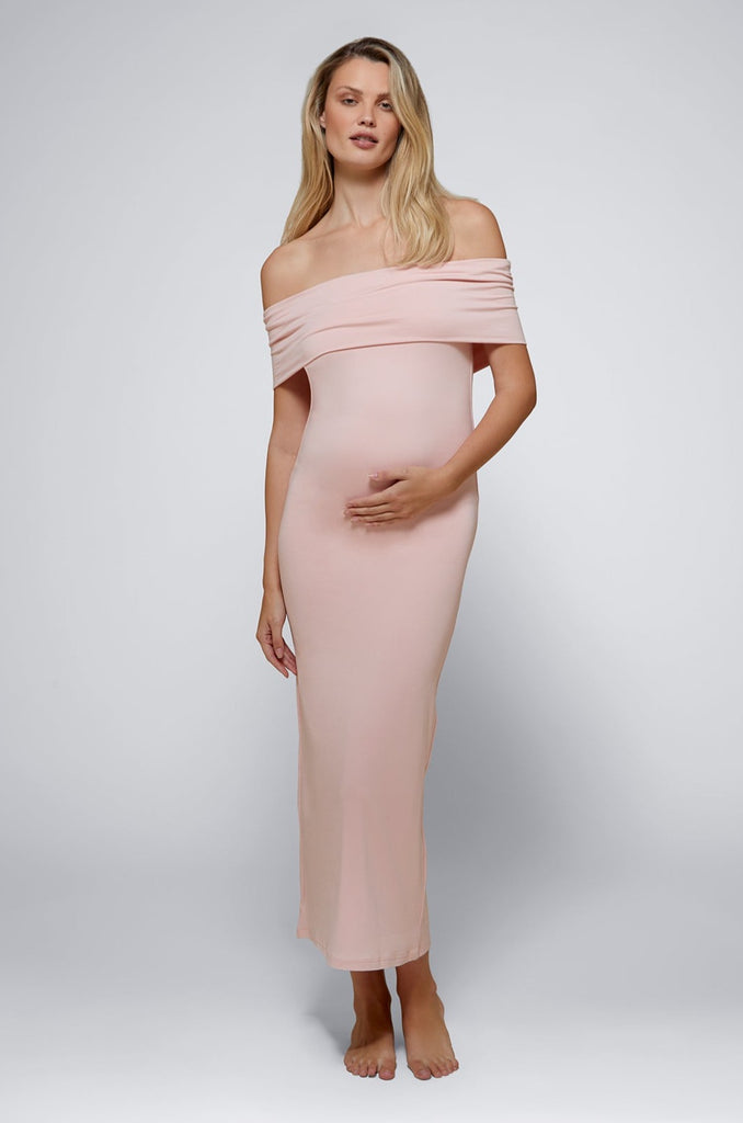 Bumpsuit Maternity The Bianca Off The Shoulder Evening Dress in Dusty Pink