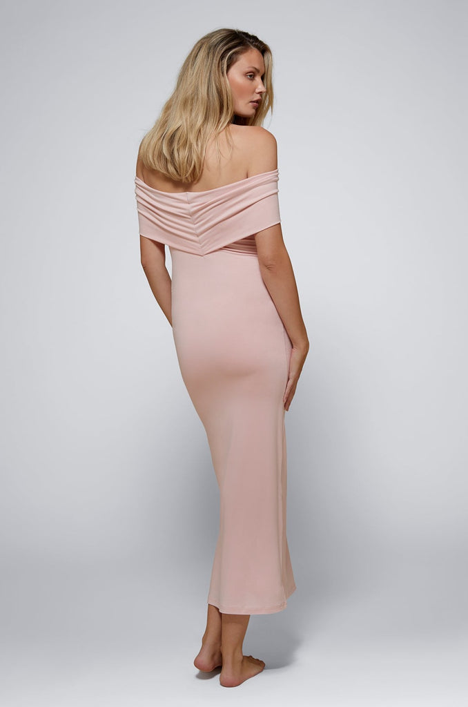 Bumpsuit Maternity The Bianca Off The Shoulder Evening Dress in Dusty Pink
