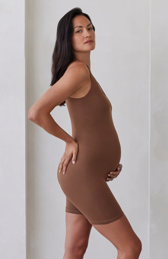 Bumpsuit Maternity The Cindy Sleeveless Romper Jumpsuit in Mocha