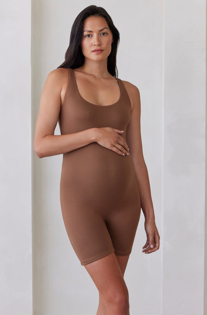 Bumpsuit Maternity The Cindy Sleeveless Romper Jumpsuit in Mocha