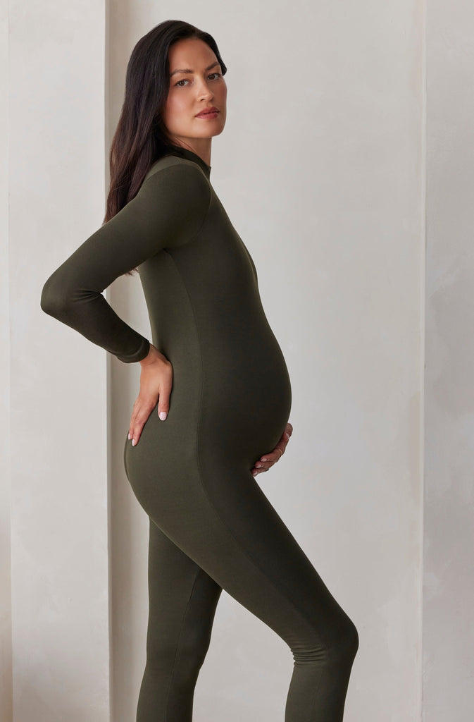 bumpsuit maternity the gigi mock neck long sleeve jumpsuit in olive