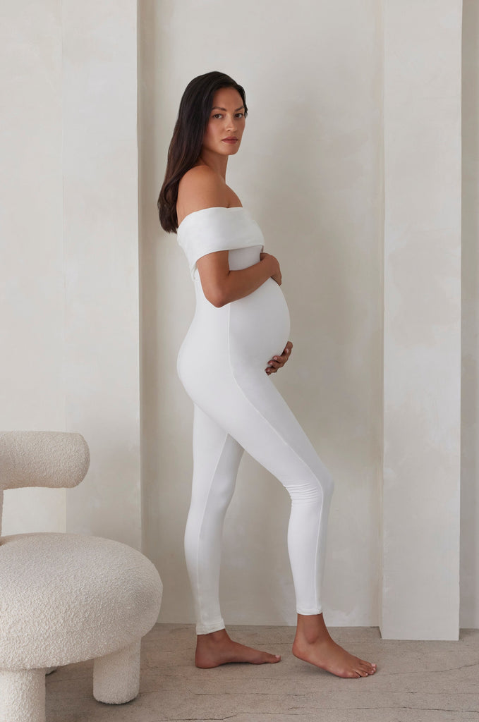 Bumpsuit Maternity The Harper Off The Shoulder Jumpsuit in Ivory