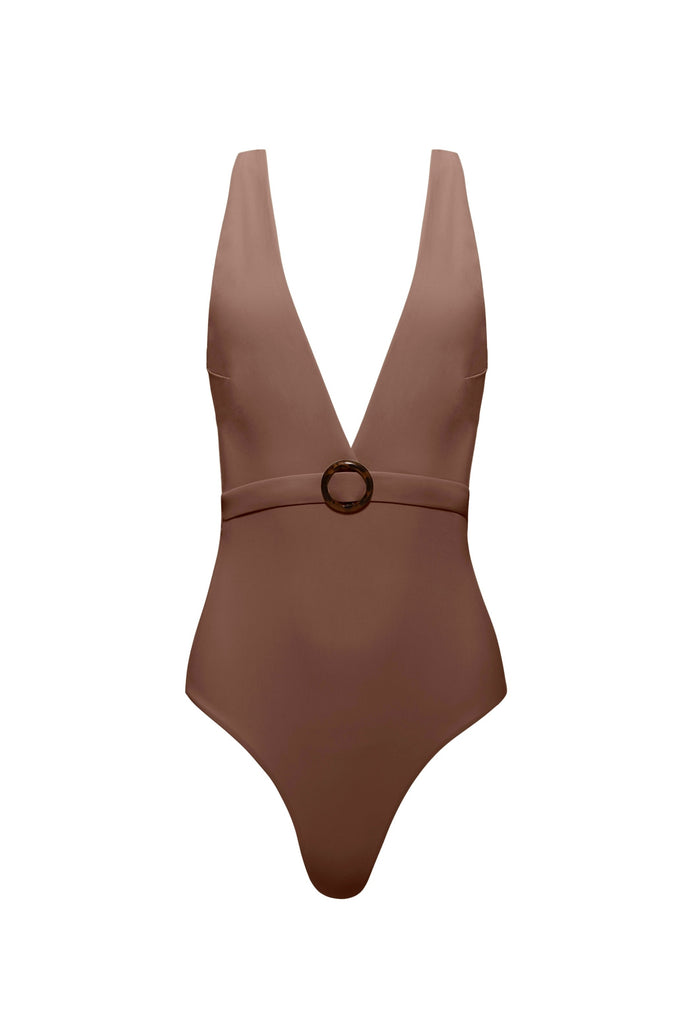 Bumpsuit Maternity The Loren Deep V Neck Belted One Piece Swimsuit in Chestnut