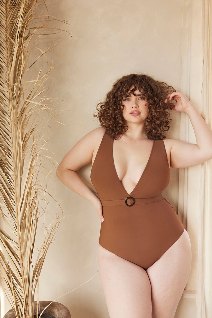 Bumpsuit Maternity The Loren Deep V Neck Belted One Piece Swimsuit in Chestnut