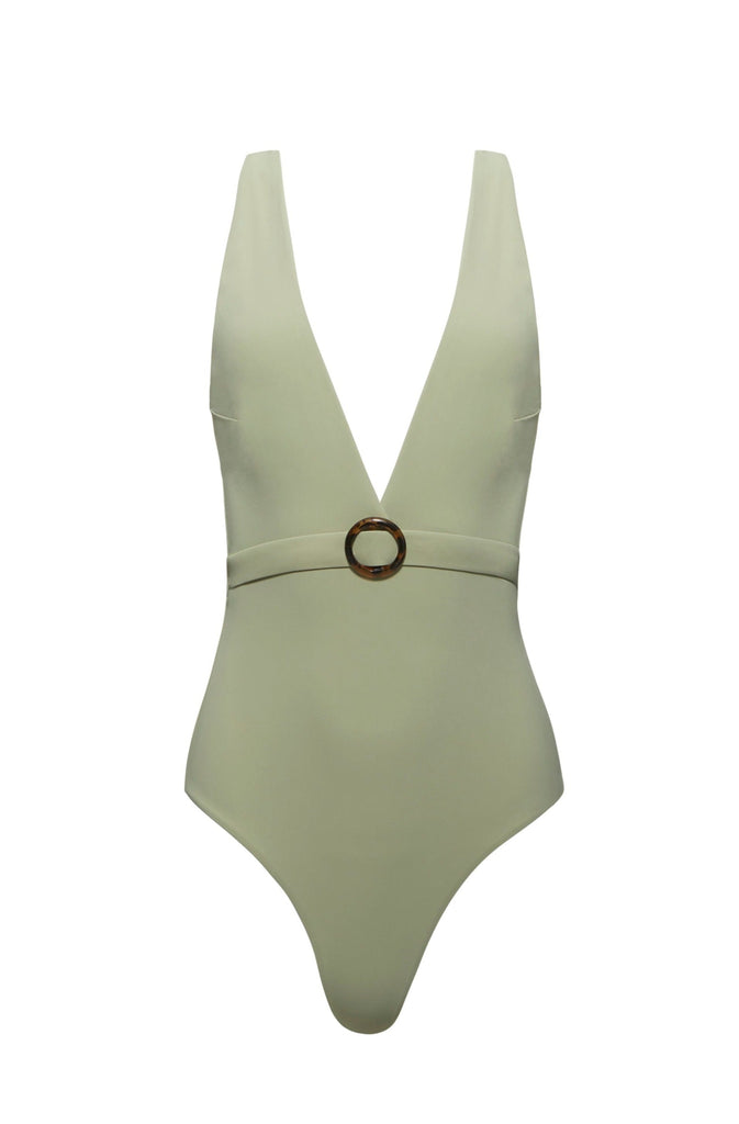 Bumpsuit Maternity The Loren Deep V Neck Belted One Piece Swimsuit in Sage