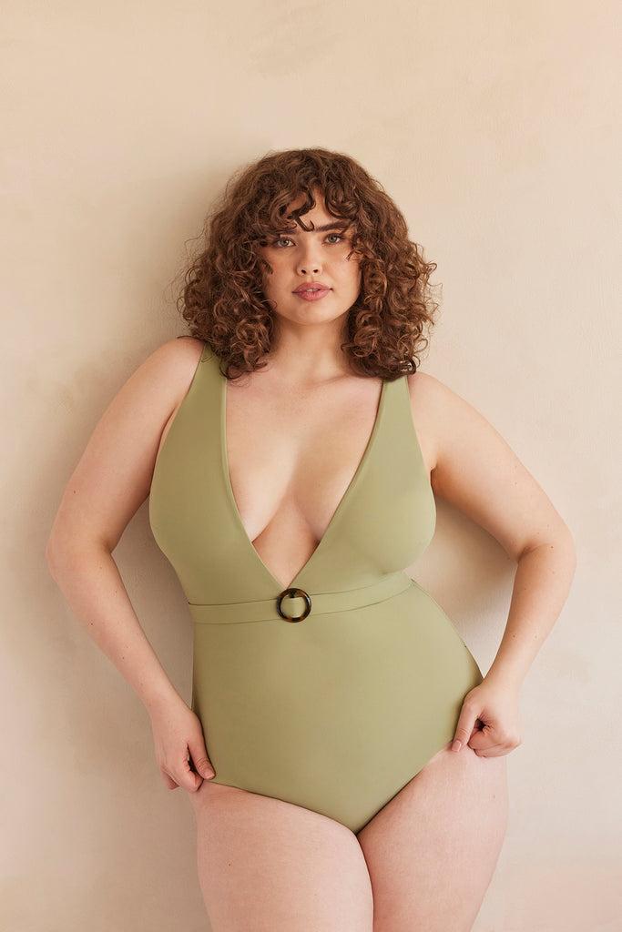 Bumpsuit Maternity The Loren Deep V Neck Belted One Piece Swimsuit in Sage