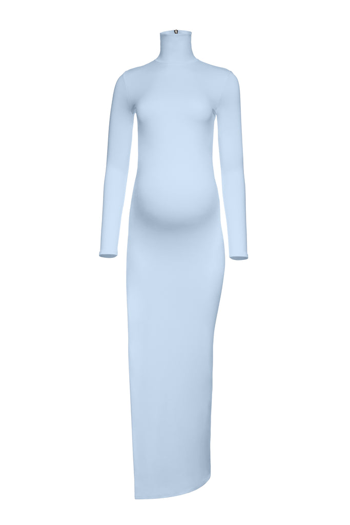 Bumpsuit Maternity The monica Turtleneck Long sleeve Dress with side slit in powder blue