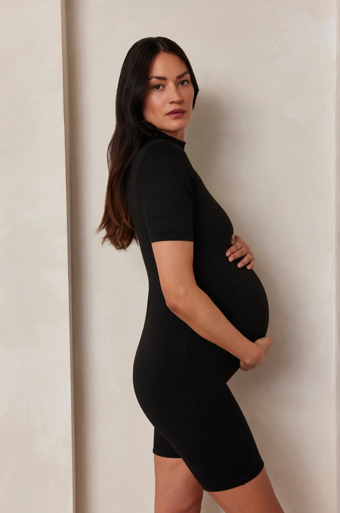 Bumpsuit Maternity the Nikki Mock Neck Short Sleeve Romper in Black