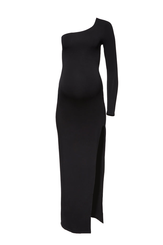 Bumpsuit Maternity The One Shoulder Long Sleeve Evening Dress with Side slit in black