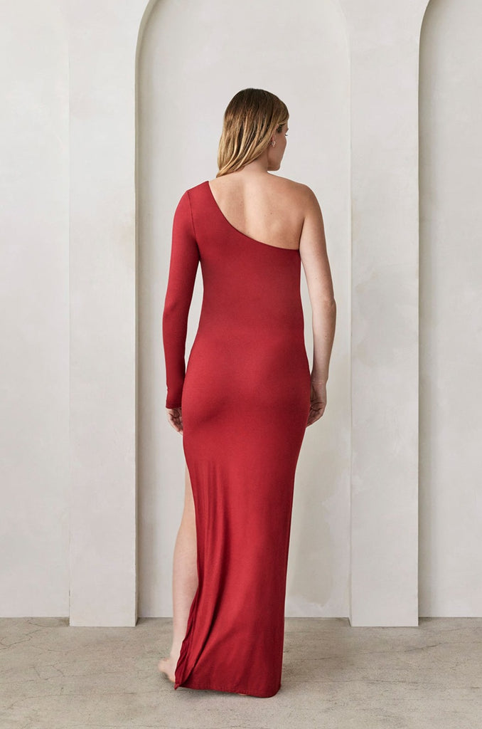 Bumpsuit Maternity The One Shoulder Long Sleeve Evening Dress with Side slit in red
