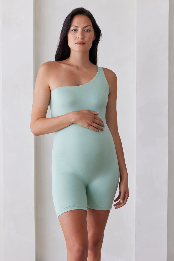 Bumpsuit Maternity The Romee One Shoulder Romper in Mint