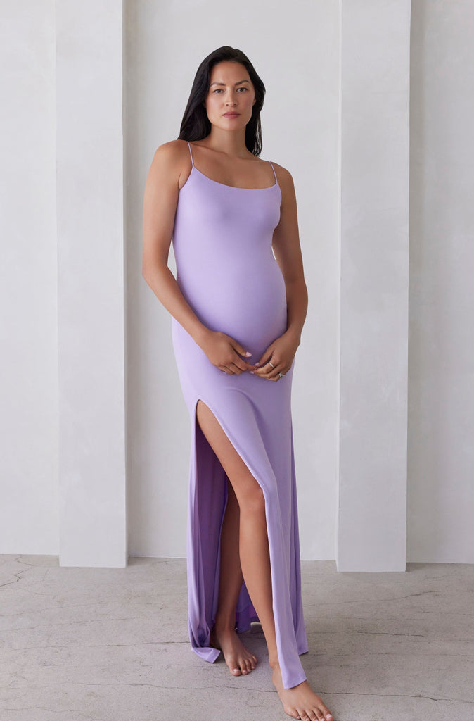 Bumpsuit Maternity The Rosie Square Neck Maxi Dress with Side Slit in Lilac
